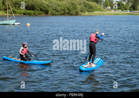 Menschen tragen Neoprenanzüge und Schwimmwesten paddleboarding auf Derwent Water in Lake District National Park. Nichol Ende, Keswick, Cumbria, England, Großbritannien Stockfoto