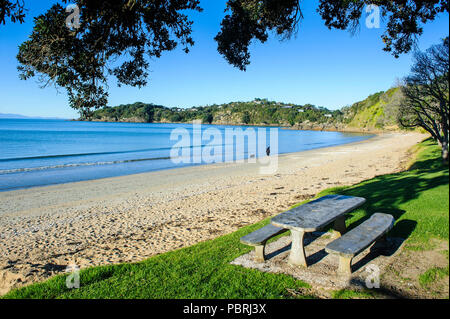 Picknick Tisch auf Oneroa Strand, Waiheke Island, North Island, Neuseeland Stockfoto