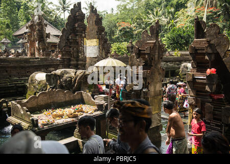 Gläubige feiern das Hindu Festival der Fest Galungan im Pura Tirta Empul, in der Nähe von Ubud, Bali, Indonesien. Stockfoto