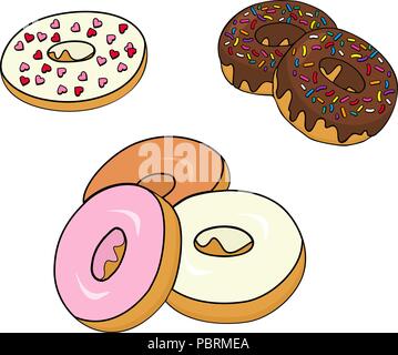 Sortierte Donuts mit Schokolade Frosted, Rosa verglast und streuseln Donuts. Stock Vektor