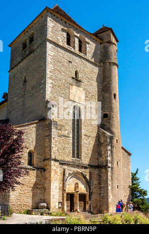 Kirche von Saint-Cirq-Lapopie auf Santiago de Compostela Wallfahrt Straße, gekennzeichnet als Les Plus beaux villages de France Stockfoto