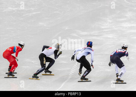 Jong Kwang Bom (PKR) Nr. 222, Keita Watanabe (JPN) Nr. 19, Hwang Daeheon (KOR) Nr. 19 und Thomas Hong (USA) #87 zu Beginn des Short Track Männer 500 m Wärme Stockfoto