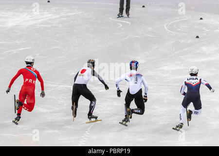 Jong Kwang Bom (PKR) Nr. 222, Keita Watanabe (JPN) Nr. 19, Hwang Daeheon (KOR) Nr. 19 und Thomas Hong (USA) #87 zu Beginn des Short Track Männer 500 m Wärme Stockfoto