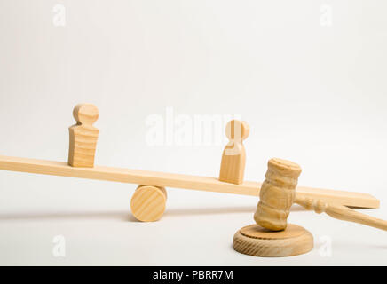 Zwei Menschen auf der Waage und ein Richter Hammer auf einem weißen Hintergrund. Das Konzept der Rechtsstreitigkeiten. Der Kläger und der Beklagte. Streitbeilegung, Adm Stockfoto