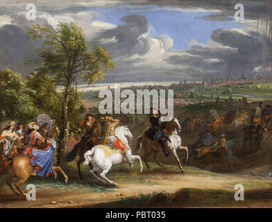 Adam Frans van der Meulen - Ludwig XIV. mit seiner Armee bei der Belagerung von Courtrai in 1667. Stockfoto