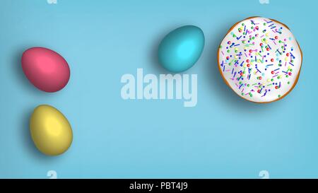 Vorlage Vektor Karte mit Hand gezeichnete Elemente und realistische Eier. Kuchen. Blauen Hintergrund. 3D. Stock Vektor