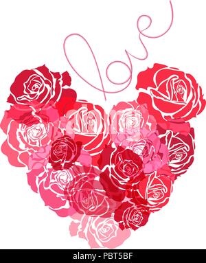 Blumenstrauß aus Rosen in der Form von Herzen, rote Rosen auf einem weißen Hintergrund, blumige Komposition, Valentinstag, Romantik Hintergrund, Vector Illustration Stock Vektor