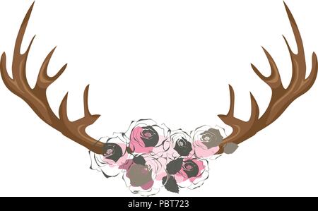 Vector Illustration von Hirsch Geweih mit Blumen geschmückt. Stock Vektor