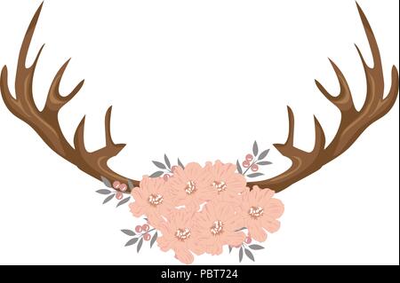 Vector Illustration von Hirsch Geweih mit Blumen geschmückt. Stock Vektor