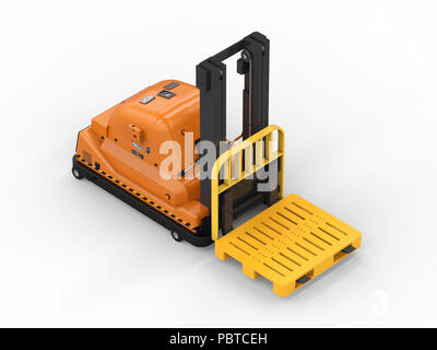3D-Rendering Automatische Gabelstapler auf weißem Hintergrund Stockfoto