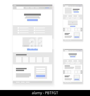 Landing Page website Drahtmodell Schnittstelle Vorlage festlegen. Vector Illustration Stock Vektor