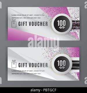 Vektor Gutschein Vorlage. Universal Flyer grau pink Design Elemente. Gutschein Wert 100 Dollar für Warenhäuser, Geschäft. Abstrakte trianlge Hintergrund. Stock Vektor