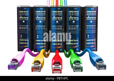 Internetverbindung Konzept. Computer Server Racks mit lan Kabel. 3D-Rendering auf weißem Hintergrund Stockfoto