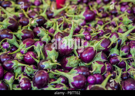 Baby Auberginen auf dem Markt Stockfoto