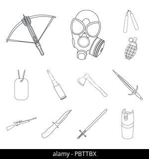 Arten von Waffen Umrisse Symbole im Set Sammlung für Design. Feuerwaffen und klingenwaffen Vektor Symbol lieferbar Abbildung. Stock Vektor