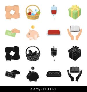 Hand mit Geld für poshestvovaniya, ein Sparschwein für Nächstenliebe, eine Schaltfläche mit der Beschriftung, ein Buch für Blinde in ihren Händen. Nächstenliebe und Spende Stock Vektor