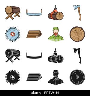 Kreissäge, ein Tischler, ein von Protokollen stack. Ein Sägewerk und Holz set Sammlung Icons in Schwarz, Cartoon Stil vektor Symbol lieferbar Abbildung: Stock Vektor