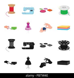 Fabric, Schere zum Schneiden von Stoffen, von Hand nähen, Dummy für die Kleidung. Nähen und Geräte Sammlung Icons in Schwarz, Cartoon Stil vektor Symbol s Stock Vektor