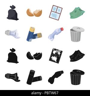 Defekte Glühbirne, Batterien verwendet und brach eine Plastikflasche, Müll kann mit Zeichen. Müll und Abfall set Sammlung Icons in Schwarz, Cartoon Stil ve Stock Vektor