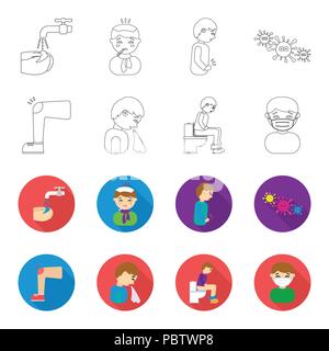 Ein Fuß mit einem Bluterguss im Knie, Niesen krank, ein Mann auf der Toilette sitzen, ein Mann in einem medizinischen Maske. Sick set Sammlung Icons in Grenzen, flet Stil Stock Vektor