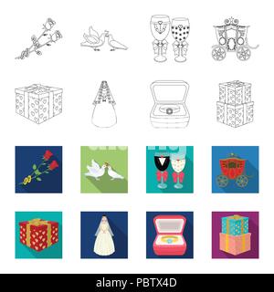 Hochzeit und Attribute Umrisse, flet Symbole im Set Sammlung für Design. Jungvermählten und Zubehör vektor Symbol lieferbar Abbildung. Stock Vektor