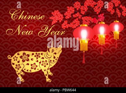 2019 Sternzeichen Schwein. Grußkarte. Das chinesische Neujahr Schwein bringt Wohlstand und Glück. Stilisierte Illustrator Stock Vektor