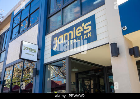 Jamies italienischen Restaurant in Centenary Square Parramatta, die im Juni 2018 geschlossen, Western Sydney, Australien Stockfoto
