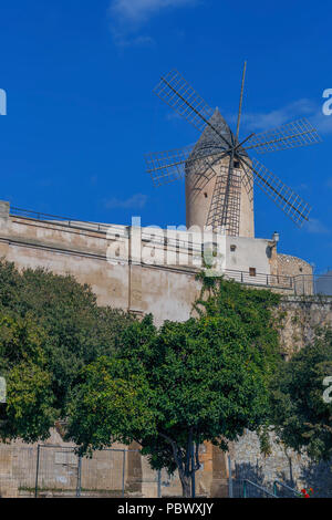 Blick auf eine Mühle auf einer Befestigungsmauer in der alten spanischen Stadt Palma de Mallorca vor blauem Himmel Stockfoto
