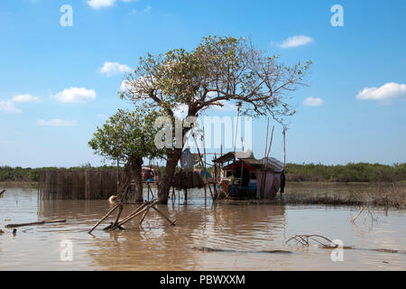 Sangker River, Provinz Battambang Kambodscha, Fishing Camp in der Mitte des Flusses in der trockenen Jahreszeit Stockfoto