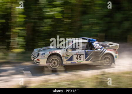 Ein Ford RS 200 Rally Car hebt die Vorderräder, wie es der Sprung auf den Wald Rallye Phasen am Goodwood Festival der Geschwindigkeit 2018 Blätter Stockfoto