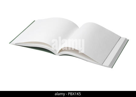 Ein leeres Notebook mit leeren Seiten ist auf einem weißen Hintergrund. Horizontale erschossen. Auf weiß isoliert. Stockfoto