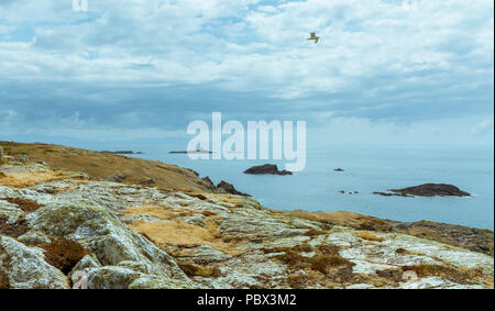 Eine Ansicht von um rhoscolyn Kopf auf der Insel Anglesey in Richtung kleine Inseln mit einem Turm. Am 18. Juli 2018 entnommen. Stockfoto