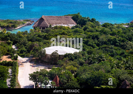 Luftaufnahme des Xcaret, Maya Zivilisation archäologische Stätte, Halbinsel Yucatan, Quintana Roo, Mexiko Stockfoto