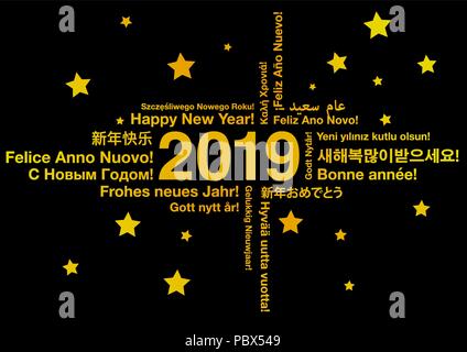 Frohes Neues Jahr 2019 in verschiedenen Sprachen Stock Vektor