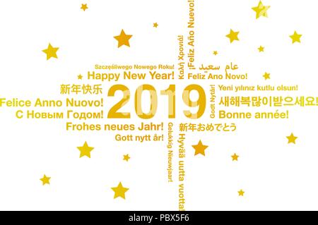 Frohes Neues Jahr 2019 in verschiedenen Sprachen Stock Vektor
