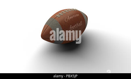 American football Ball mit Text American Football wirft Schatten auf weißem Hintergrund, 3D-Rendering Stockfoto