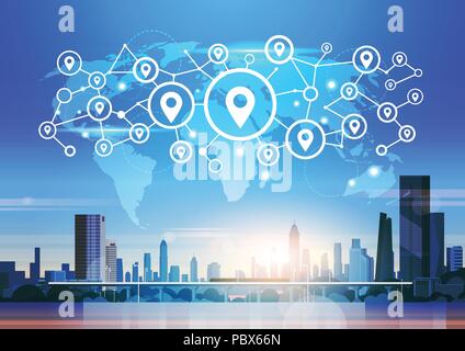 Weltkarte futuristische Geotag-standort Symbol Schnittstelle navigation Netzwerkverbindung Konzept Stadtbild Hintergrund waagrechten Stock Vektor