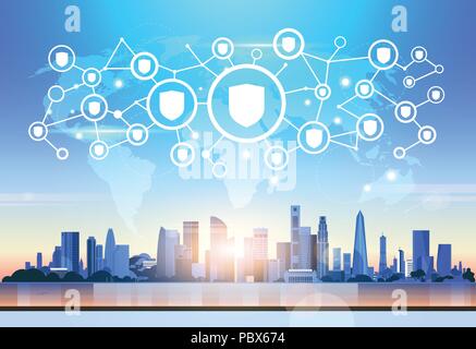 Weltkarte futuristische interface Schildsymbol Sicherheit Netzwerk Datenschutz Anschlusskonzept Skyline Sonnenuntergang Stadtbild Gebäude Hintergrund waagrechten Stock Vektor