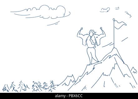 Geschäftsmann kletterte mountain Flag Leader business Mann top point Erfolg win Konzept männlichen silhouette Skizze doodle horizontal Stock Vektor