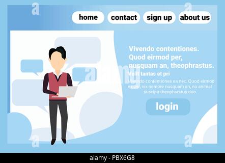 Brünett Mann mit Tablet Sprechblase ständigen Stellen online Kommunikation gesichtslosen Silhouette männliche Zeichentrickfigur in voller Länge kopieren Raum horizontalen flachen Stock Vektor