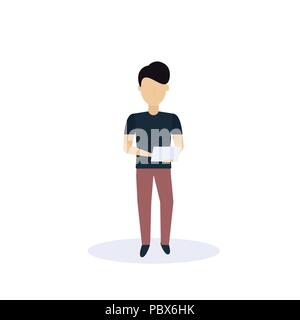 Brünett Mann mit Tablet standing Pose isoliert gesichtslosen Silhouette männliche Zeichentrickfigur in voller Länge flach Stock Vektor