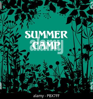 Sommer Camp Hintergrund. Vektor dekorative Blumen Rahmen mit Wald Elemente. Doodles Hintergrund für Sommer open air Projekte, Karten, Verpackung Stock Vektor