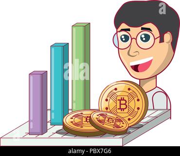 Grafik bar mit cryptocoins und Cartoon Mann mit weißem Hintergrund, Vector Illustration Stock Vektor
