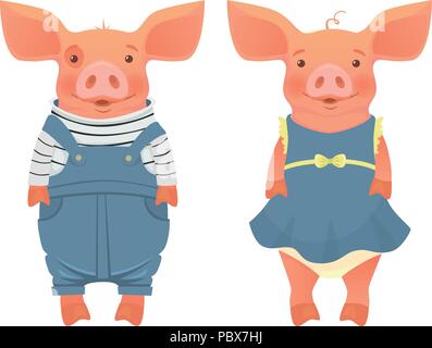 Konzept von Freundschaft und Liebe. Zwei Schweine in der Kleidung. Vector Illustration Stock Vektor