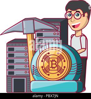 Cryptocurrency Bergbau Design mit Mann mit dataservers und cryptocoins über Hintergrund, Vector Illustration Stock Vektor