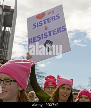 Asheville, NC, USA - Januar 20, 2018: Junge Frauen in den Frauen 2018 März tragen Schilder mit der Aufschrift "RESISTERS" und "Unsere Hoffnung ist stärker als der Hass' Stockfoto