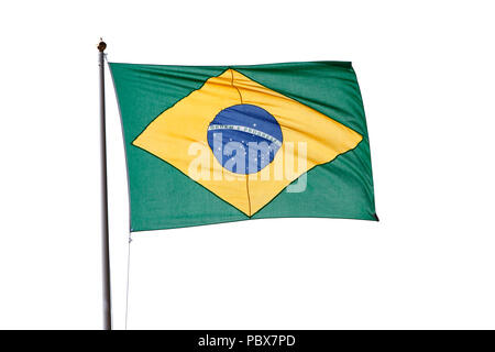 Die Nationalflagge der Föderativen Republik Brasilien isoliert auf weißem Hintergrund. Stockfoto