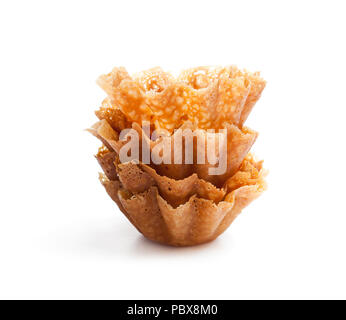Brandy snap Körbe auf weißen isoliert Stockfoto