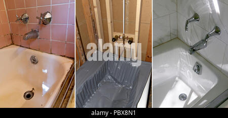 Badewanne und Feinsteinzeug Installation zeigt das Fortschreiten der Renovierung vor, während und nach den Etappen in Bildern Stockfoto