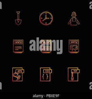 Spaten, Uhr, Ingenieur, pptx, Power Point-, Zip-, Druckluft-, docx, xlsx, Excel-Datei, css, APK Android, Symbol, Vector, Design, flach, collectio Stock Vektor